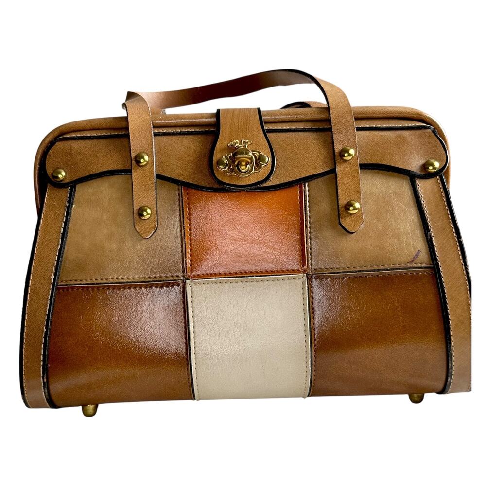 vintage 1960s Burlington patchwork leather handbag purse structured leather tote
